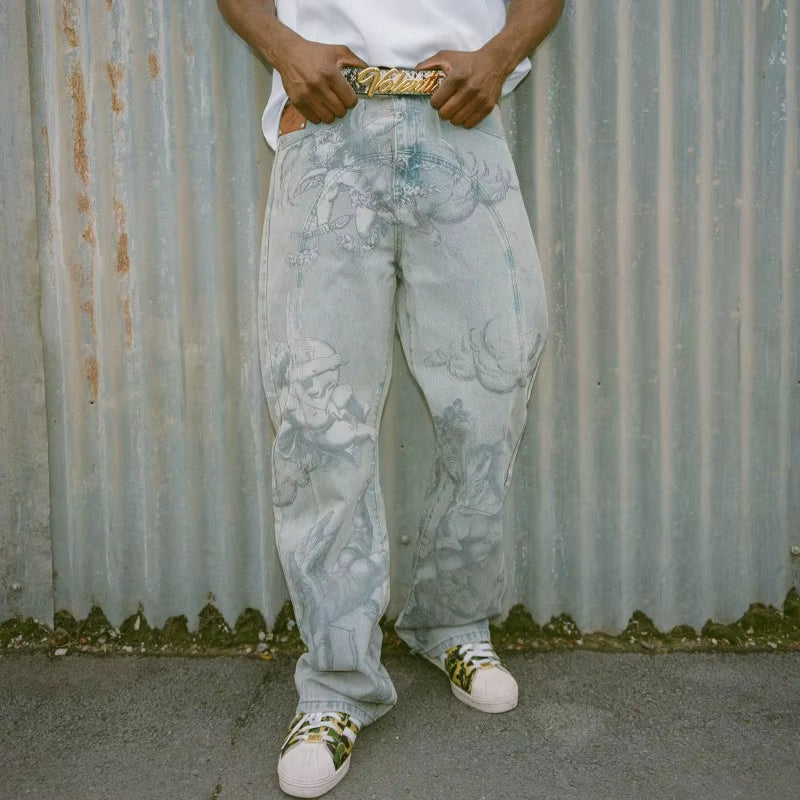 Y2K Retro Baggy Jeans Trendy Cupid Angel Pattern Men Women Pants American Hip Hop Streetwear Unisex Casual Straight Leg Jeans